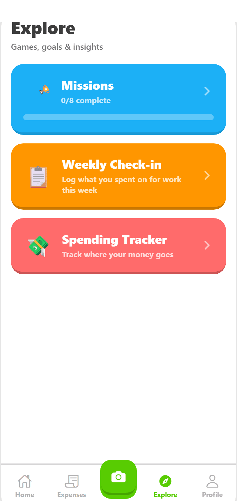 Explore screen: missions, weekly check-in and spending tracker