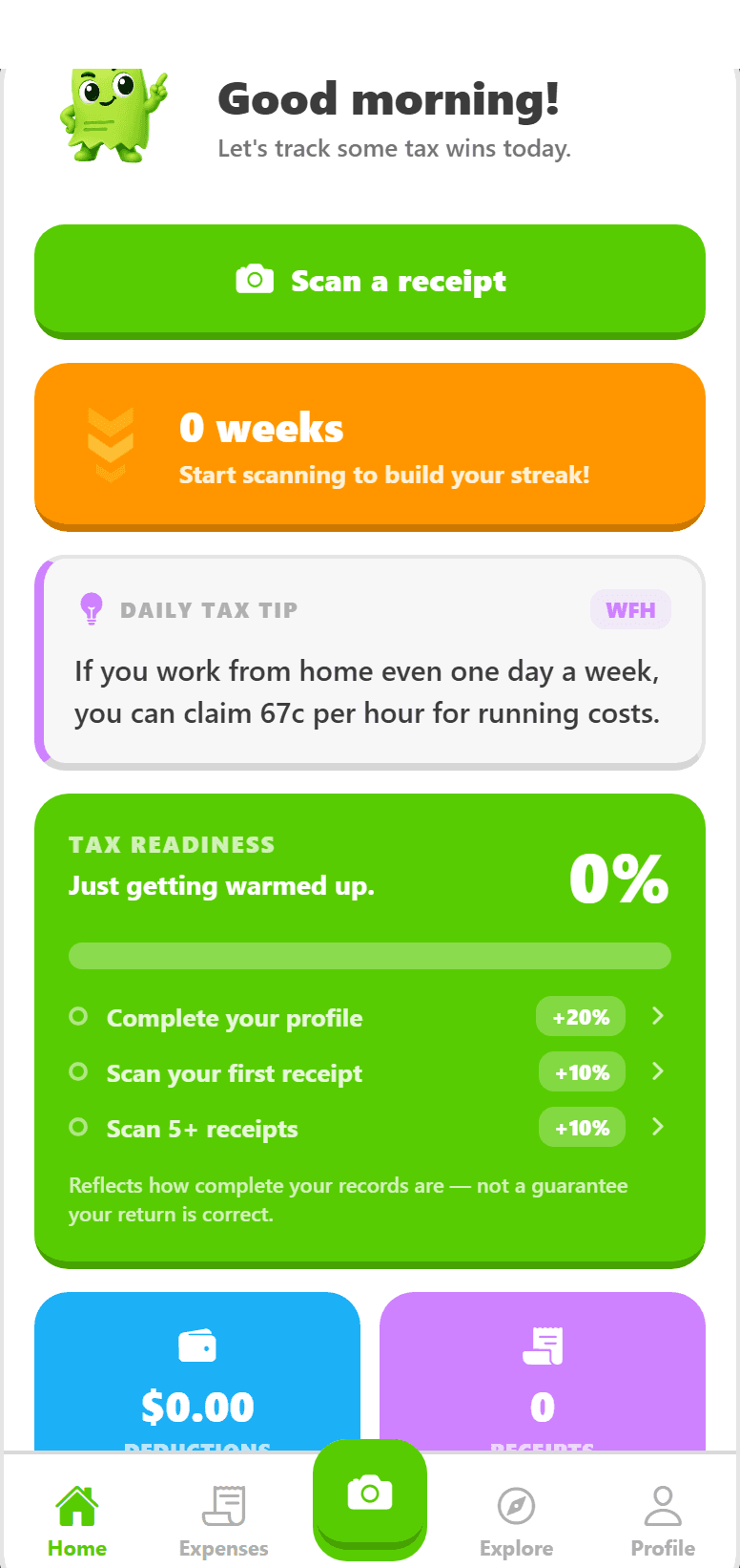 Tally home dashboard with tax-readiness, streak and daily tip