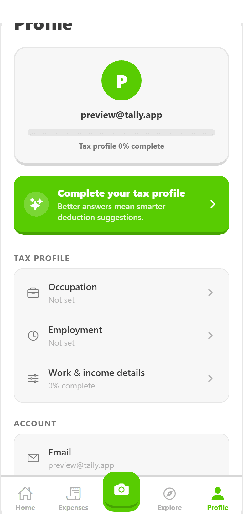 Profile screen with tax-profile completion